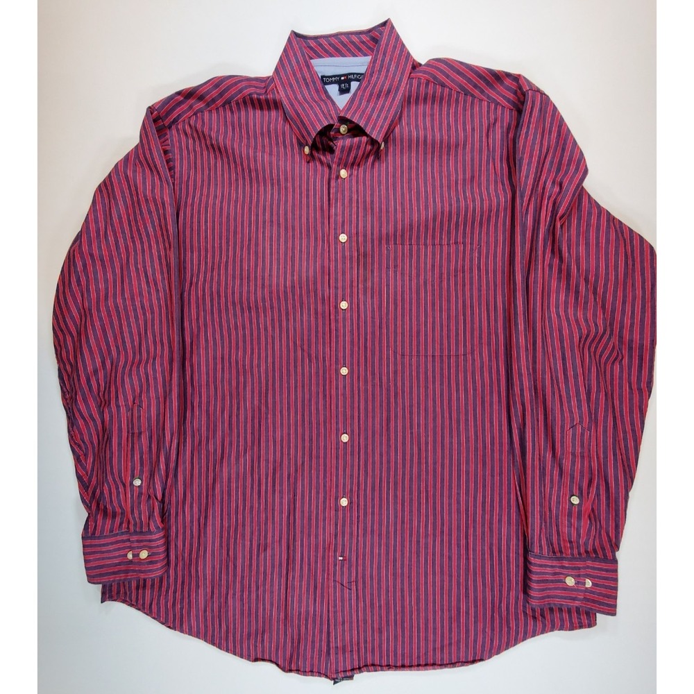 Tommy Hilfiger Mens Button Down Shirt L 16.5 Red Blue Navy Striped Flag Logo New